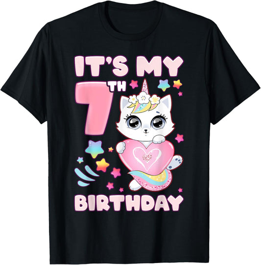 Birthday girl 7 years old, cat, unicorn, 7th birthday T-Shirt
