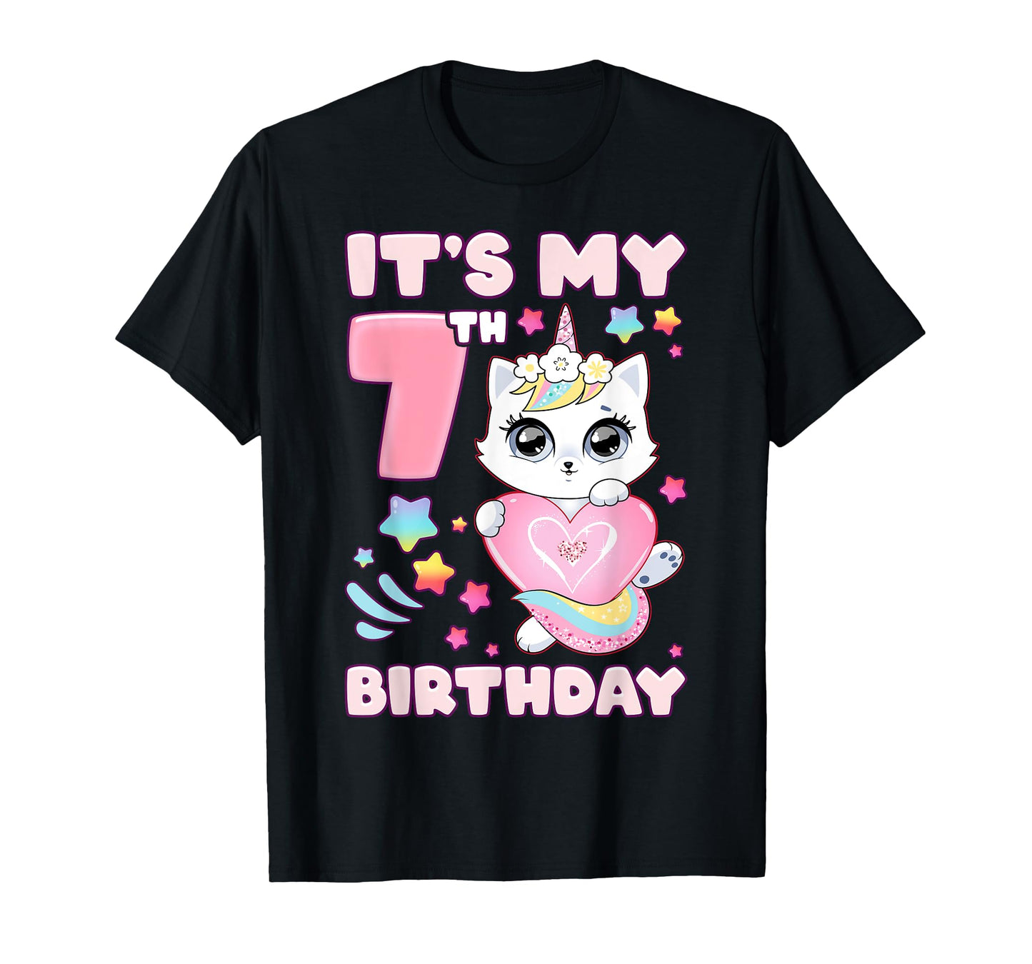 Birthday girl 7 years old, cat, unicorn, 7th birthday T-Shirt