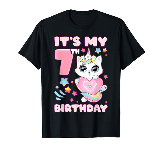 Birthday girl 7 years old, cat, unicorn, 7th birthday T-Shirt