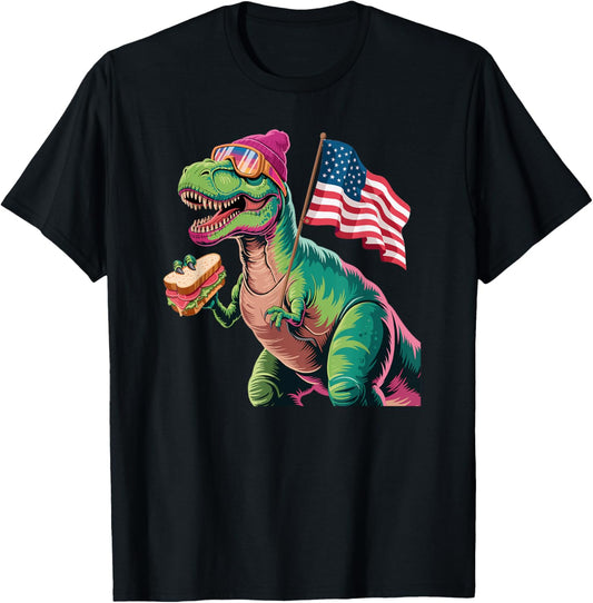 Cool Dinosaur American Flag Sandwich Vintage Style T-Shirt
