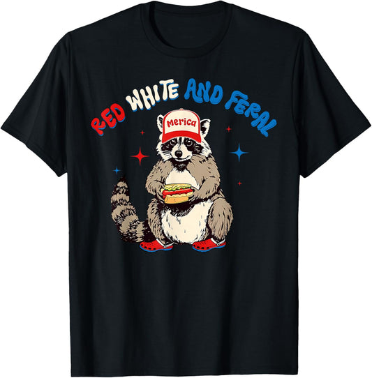 Red White And Feral Raccoon Hot Dog USA Flag 4th Of July T-Shirt