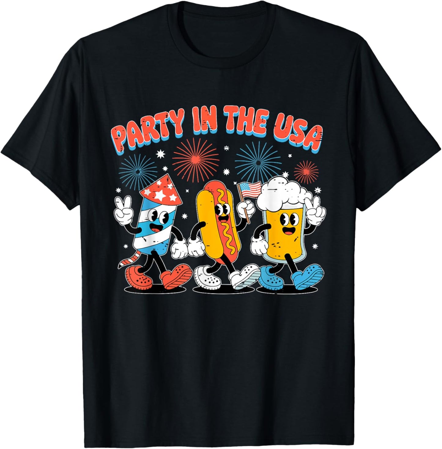 Retro Party In The USA Fireworks Hot Dog Beer 4th Of July T-Shirt