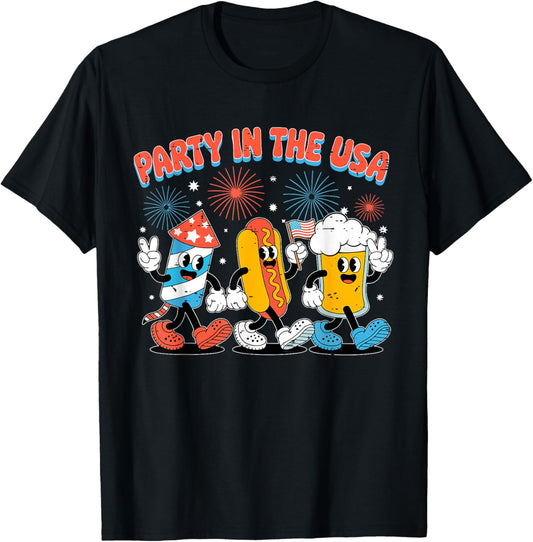 Retro Party In The USA Fireworks Hot Dog Beer 4th Of July T-Shirt