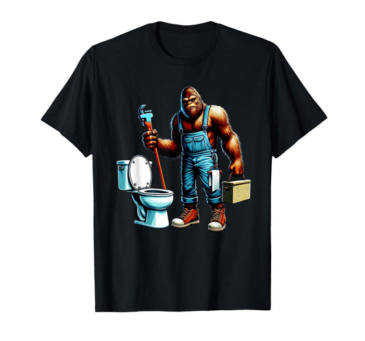 Bigfoot At Work Plumber Plumbing Worker Sasquatch Funny T-Shirt