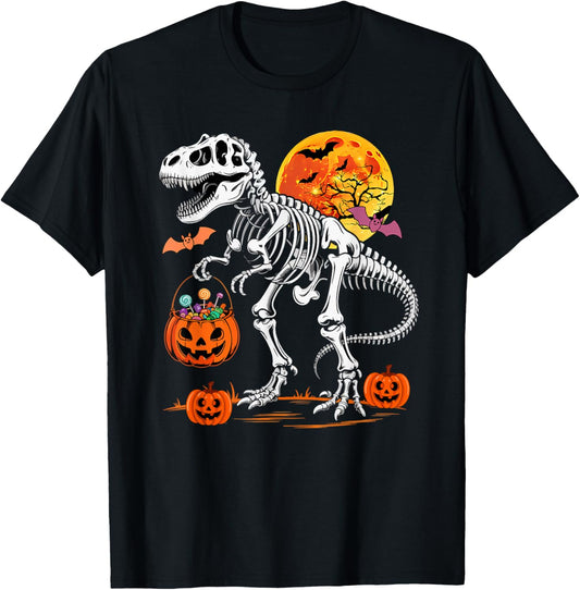 T-Rex Skeleton Halloween Moon Carved Pumpkins Basket T-Shirt