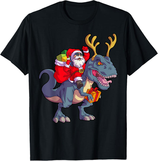 Christmas Santa Riding Dinosaur Deer Xmas Kids Boys Men Short Sleeve T-Shirt
