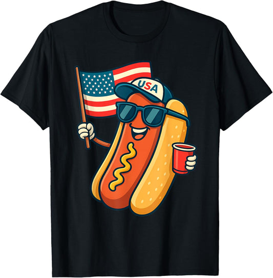 4th of July Hotdog Funny Fourth of July Patriotic USA Flag T-Shirt