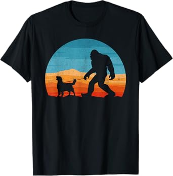 Bigfoot Walking Golden Retriever Dog Retro Sasquatch T-Shirt for Men Women Kids