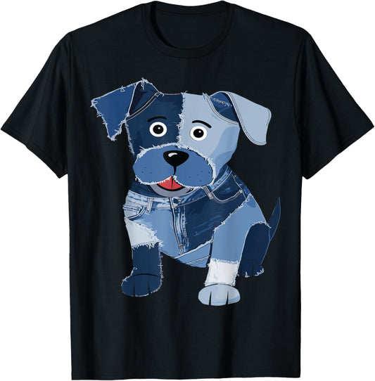 Denim Patchwork Art Dog Cartoon Funny Blue Jean Pup T-Shirt
