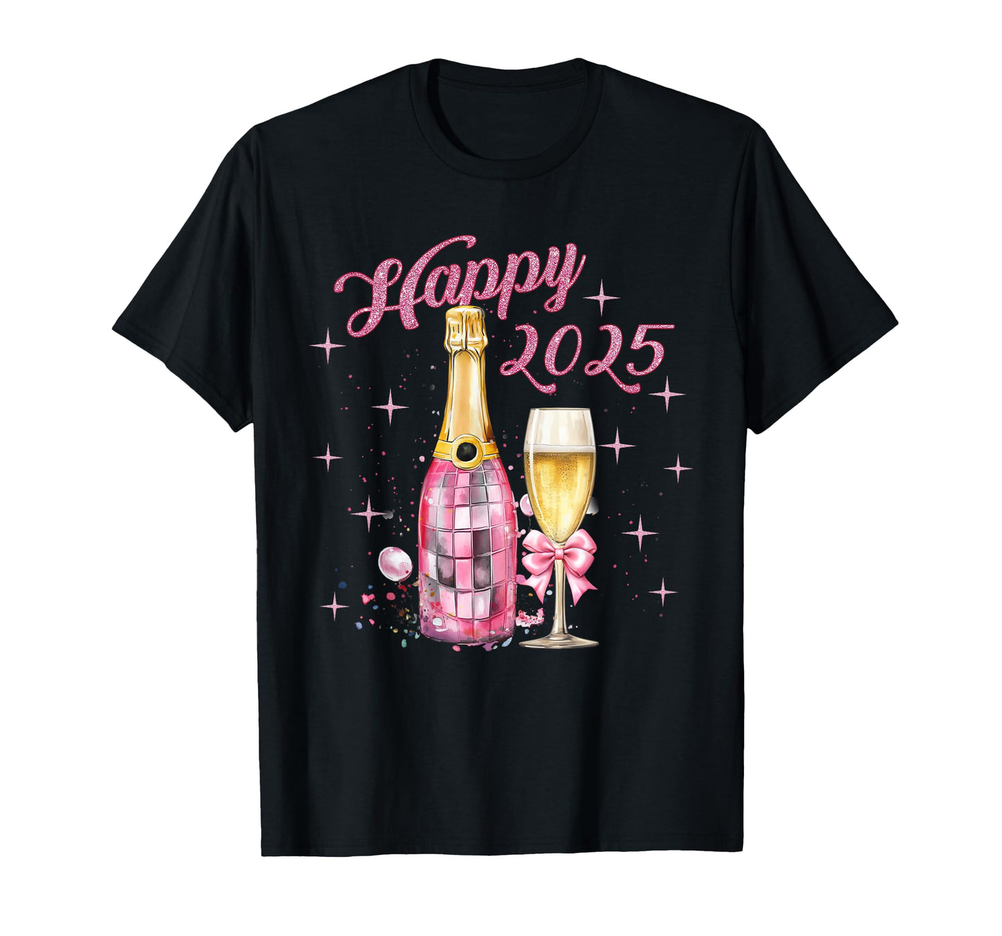 Pink Happy New Year 2025 Girly Pajama Disco Balls Outfits T-Shirt
