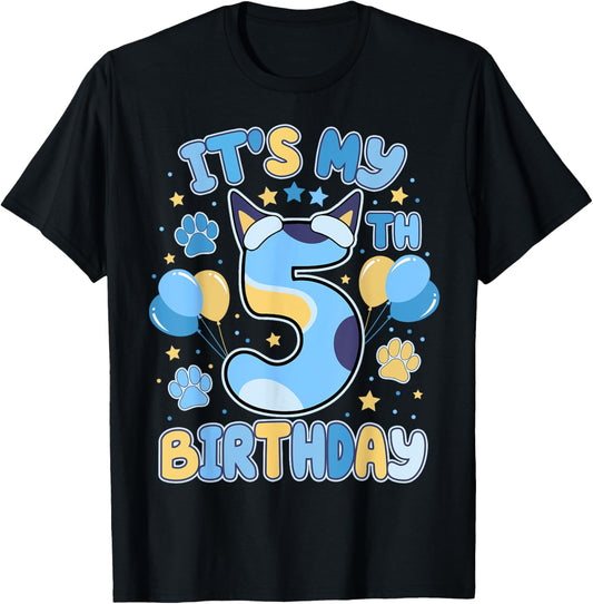 5th Birthday Boy Blue Dog Theme Party Five Cool 5 Year Old T-shirt