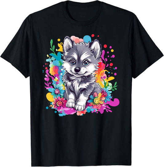 Cute Husky Puppy Floral Colorful Splash T-Shirt