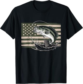 Patriotic Fishing 4th of July Men American Flag Bass Fishing T-Shirt