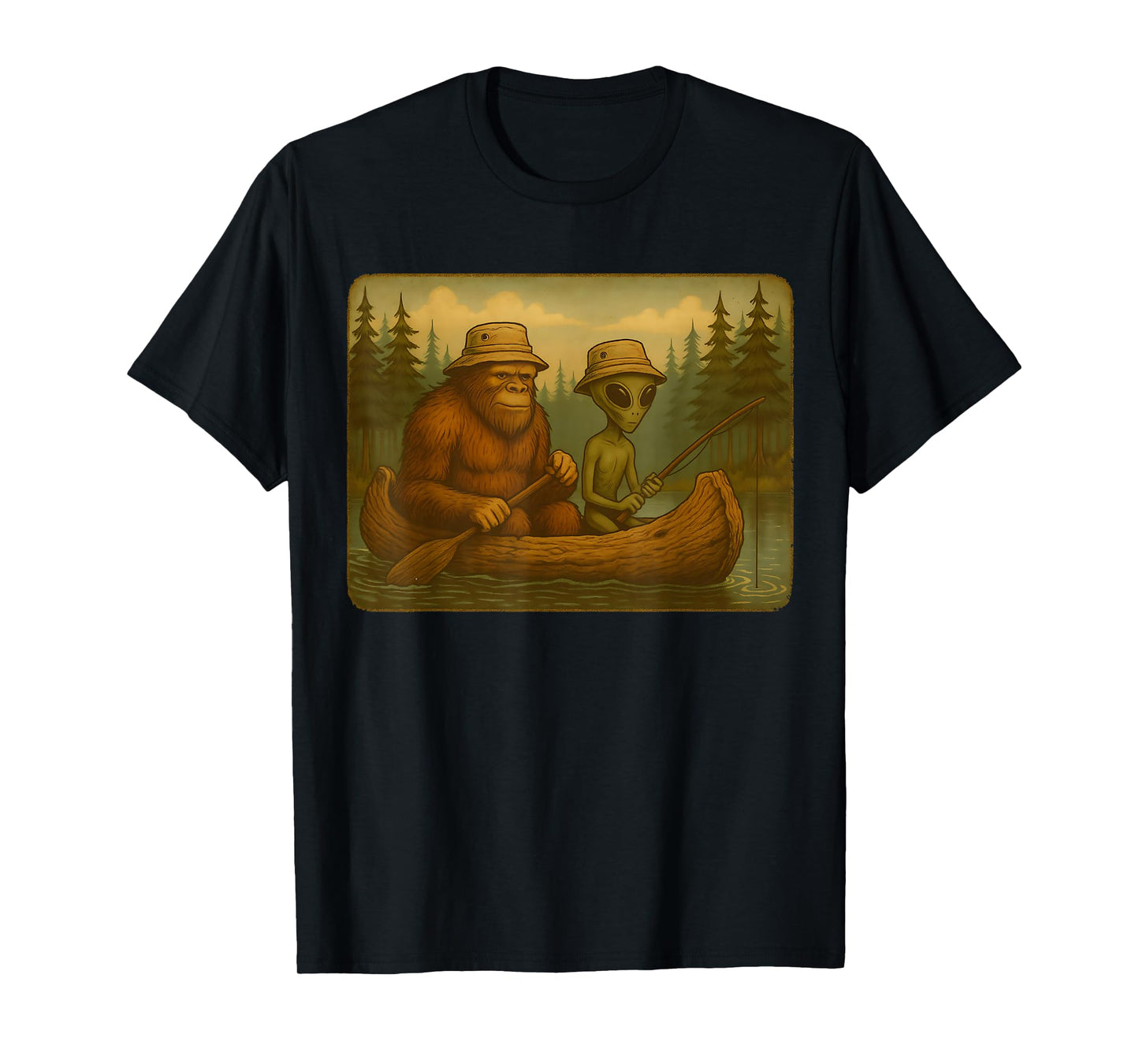 Bigfoot Alien Fishing Design Men Boys Sasquatch Fishing T-Shirt