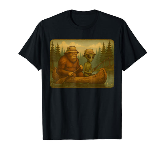 Bigfoot Alien Fishing Design Men Boys Sasquatch Fishing T-Shirt