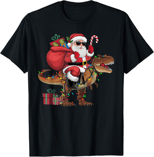 Xmas Lighting Santa Riding Dinosaur T-Rex Christmas T-Shirt