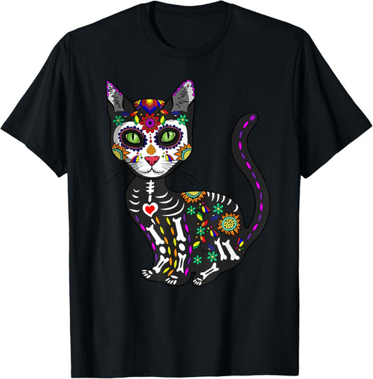 Cute Sugar Skull Mexican Cat Halloween Day Of The Dead T-Shirt
