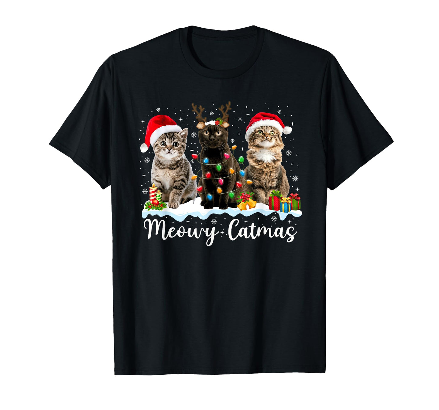 Meowy Catmas Cat Christmas Lights Xmas Pajamas Cat Lover Men Women Kids T-Shirt