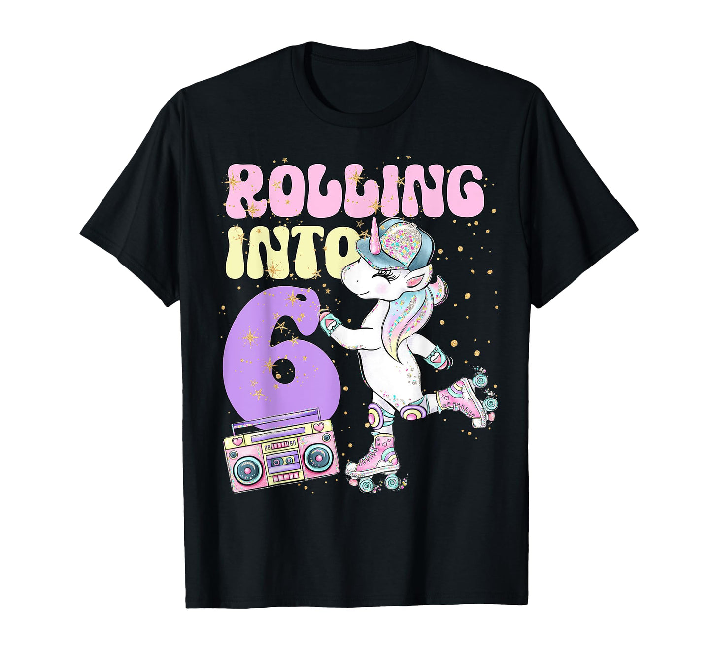 6th Birthday Roller Skate Party Unicorn Retro 90s Skating T-Shirt