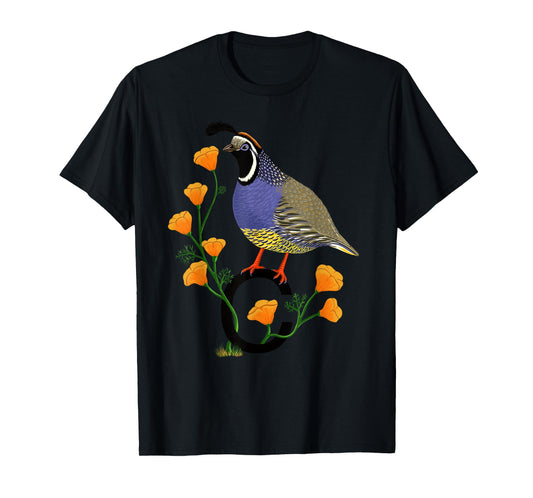 California Quail State Bird Californian Poppy Flowers T-Shirt
