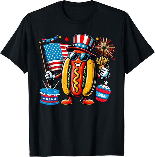 Hotdog Sunglasses American Flag 4th July Fireworks Patriotic T-Shirt