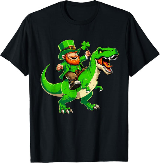 St Patricks Day leprechaun Riding T-Rex Dinosaur Boys Kids T-Shirt