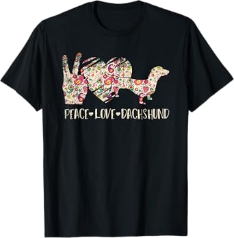 Hippie Dog Lover Gift Wiener Animal Peace Love Dachshund Men Women Kids T-Shirt