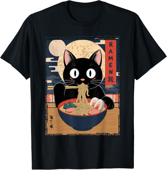 Black Cat Eating Ramen Japanese Art Style T-Shirt
