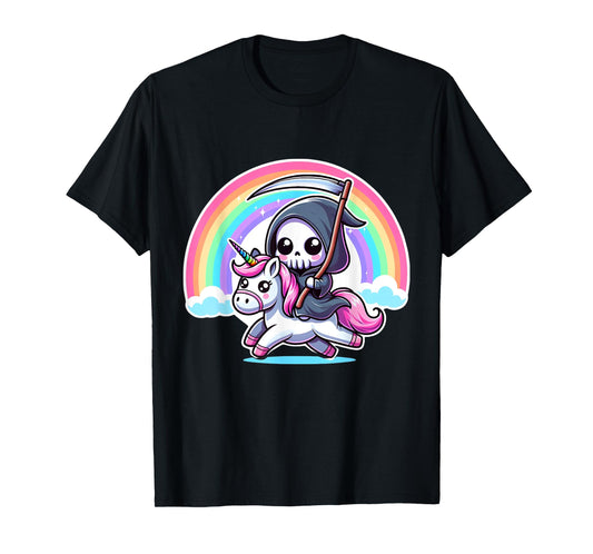 Grim Reaper Riding Unicorn Funny Rainbow Heavy Metal T-Shirt