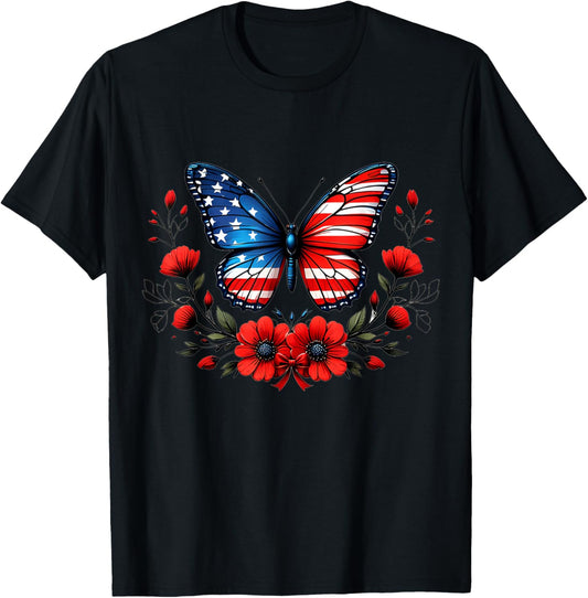 Butterfly Red White Blue Patriotic USA Flag 4th Of July T-Shirt