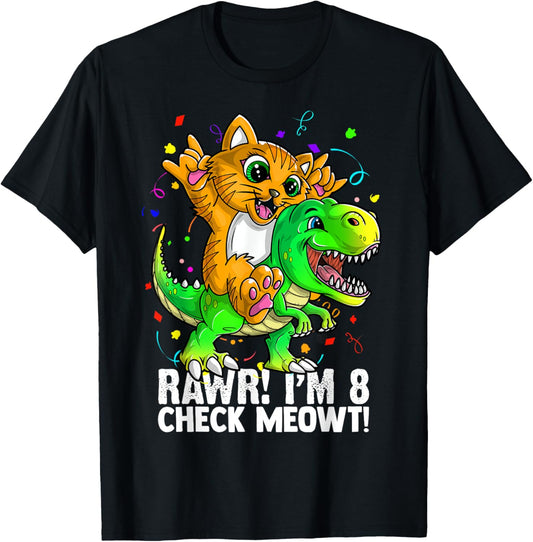 Rawr im 8 Trex Dinosaur Cat Lover Birthday Boy Girl 8th Bday T-Shirt