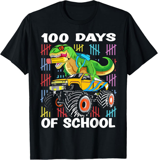 100th Day of School 100 Days School truck dinosaur boys kids T-Shirt