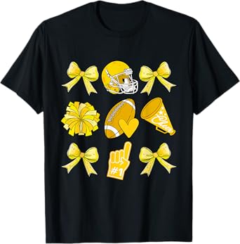 Cheer Football Coquette Bow Game Day Cheerleader Yellow T-Shirt
