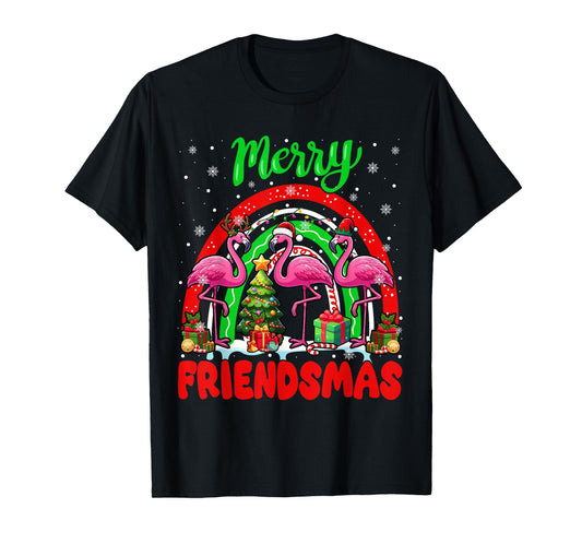 Merry Christmas Friends Three Santa Flamingos Rainbow T-Shirt