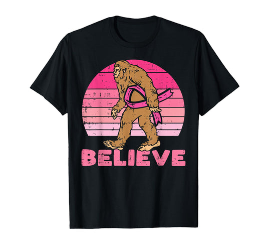 Bigfoot Sasquatch Ribbon Believe Breast Cancer Awareness T-Shirt