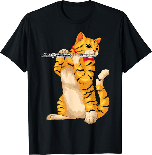Funny Cat Playing Flute | Cool Animal Musician Fluter Gift T-Shirt