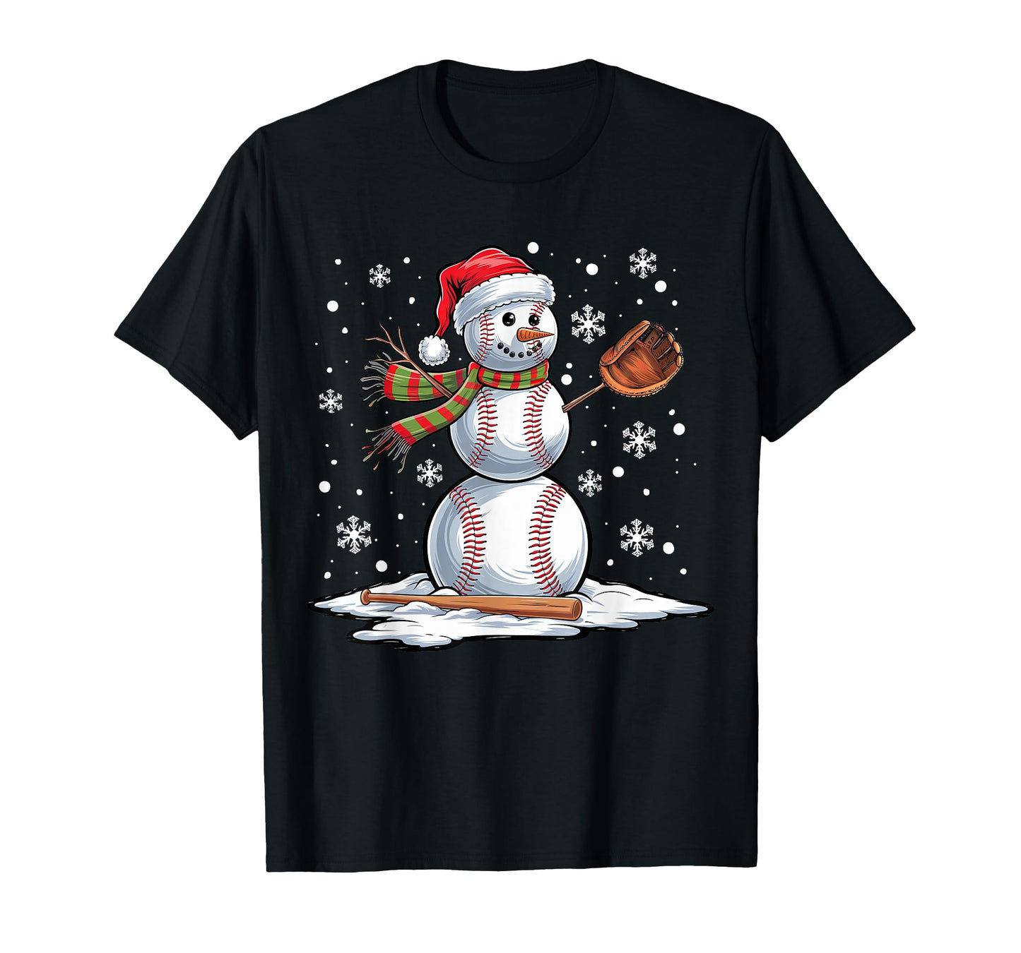 Baseball Snowman Baseball Player Santa Hat Christmas Funny T-Shirt