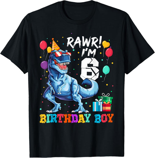 Funny Kids 6 Years Old Happy 6th Birthday Boy T Rex Dinosaur T-Shirt