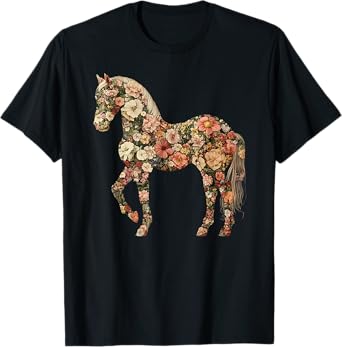 Horse Lover Gifts Floral Horse T-Shirt - Unisex Adults, Black, Small, Short Sleeve
