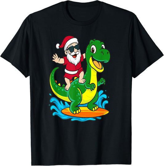 Tropical Fun Santa surfing a dinosaur for Christmas in July T-Shirt