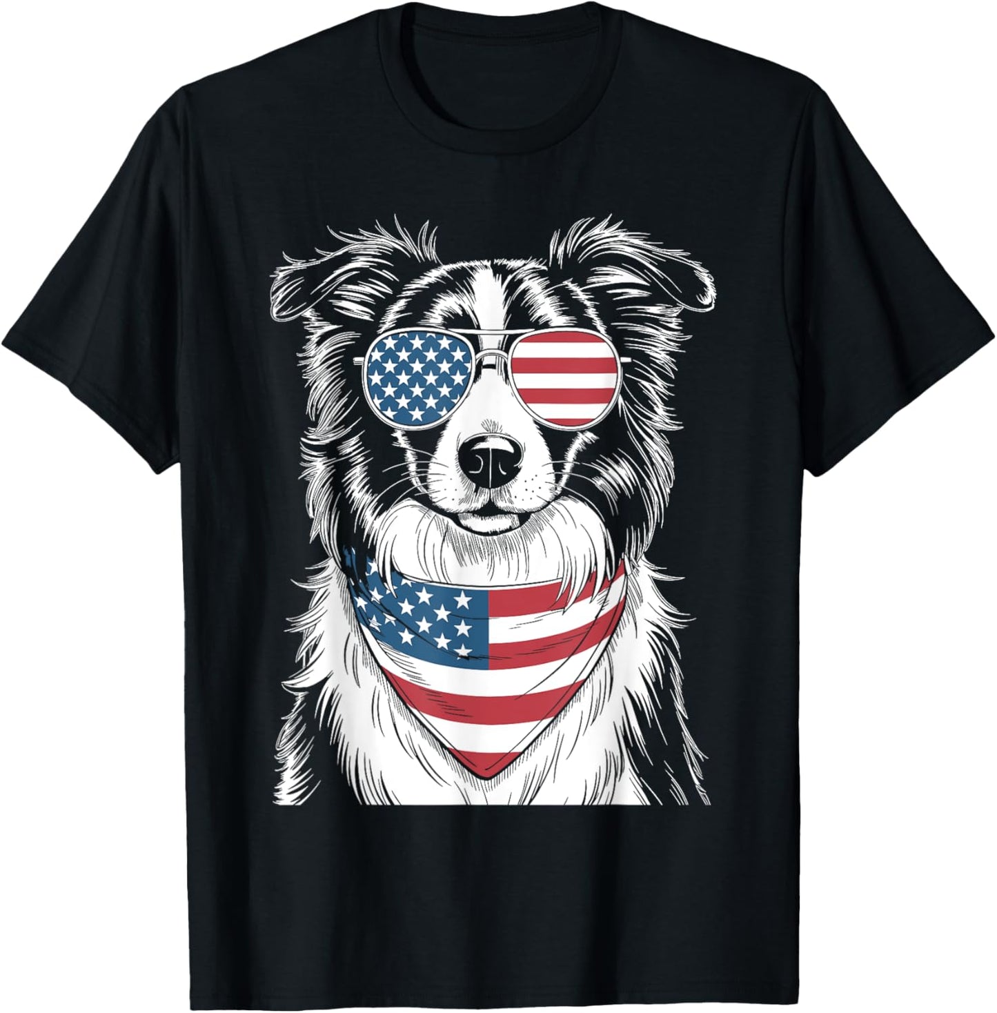 Border Collie Dog USA Flag Sunglasses Patriotic 4th of July T-Shirt