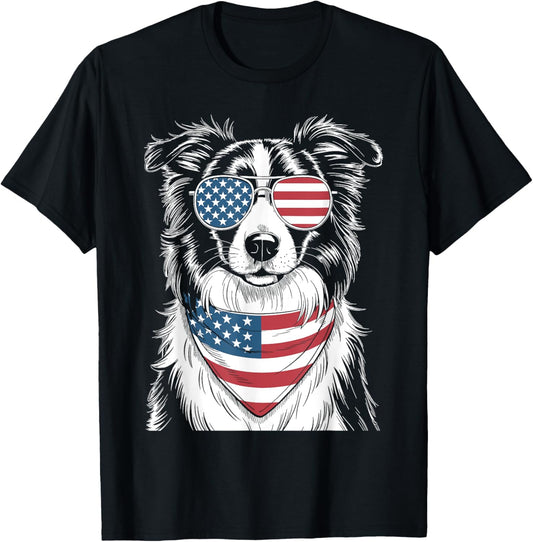 Border Collie Dog USA Flag Sunglasses Patriotic 4th of July T-Shirt