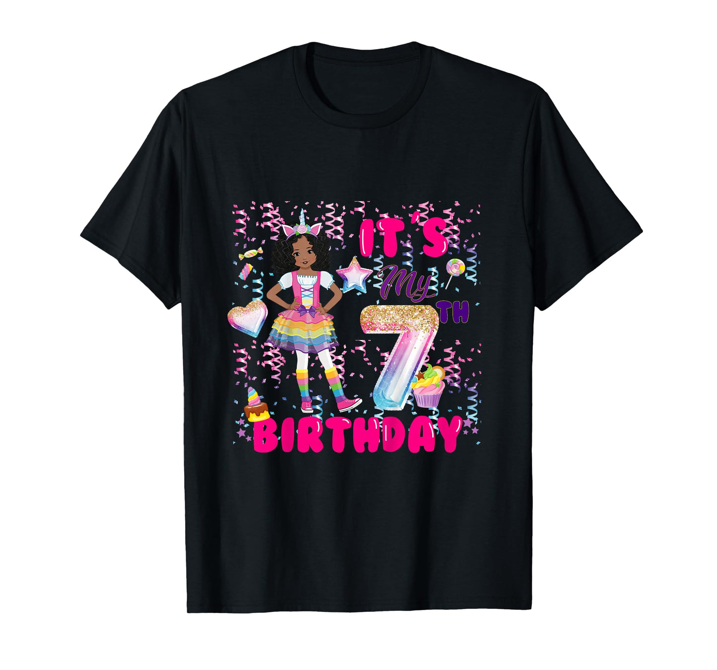7th Birthday shirt Girls 7 yr African American 7th B-day T-Shirt