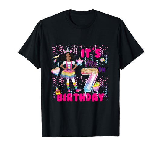 7th Birthday shirt Girls 7 yr African American 7th B-day T-Shirt