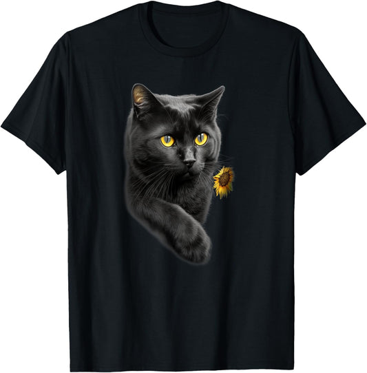 Cute Black Cat with Yellow Eyes and sunflower cats lover T-Shirt