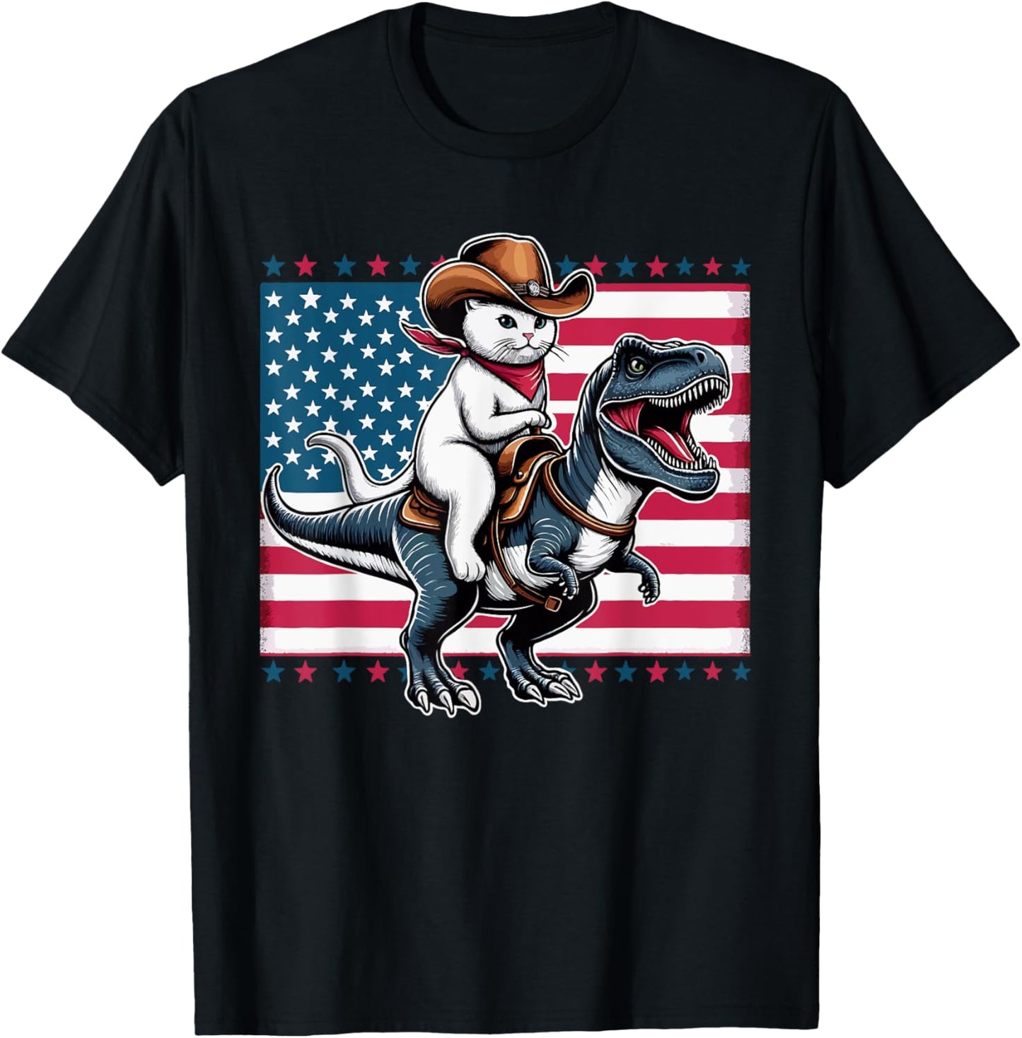 Cute Cowboy Cat Riding Dinosaur USA Flag T-Rex 4th of July T-Shirt, Small, Black