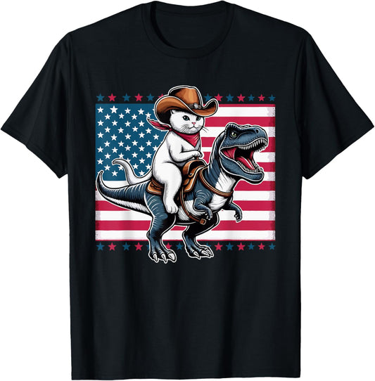 Cute Cowboy Cat Riding Dinosaur USA Flag T-Rex 4th of July T-Shirt, Small, Black