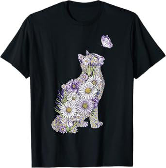 Vintage Daisy Flower Cute Cat Butterfly Floral Kitten Lover T-Shirt