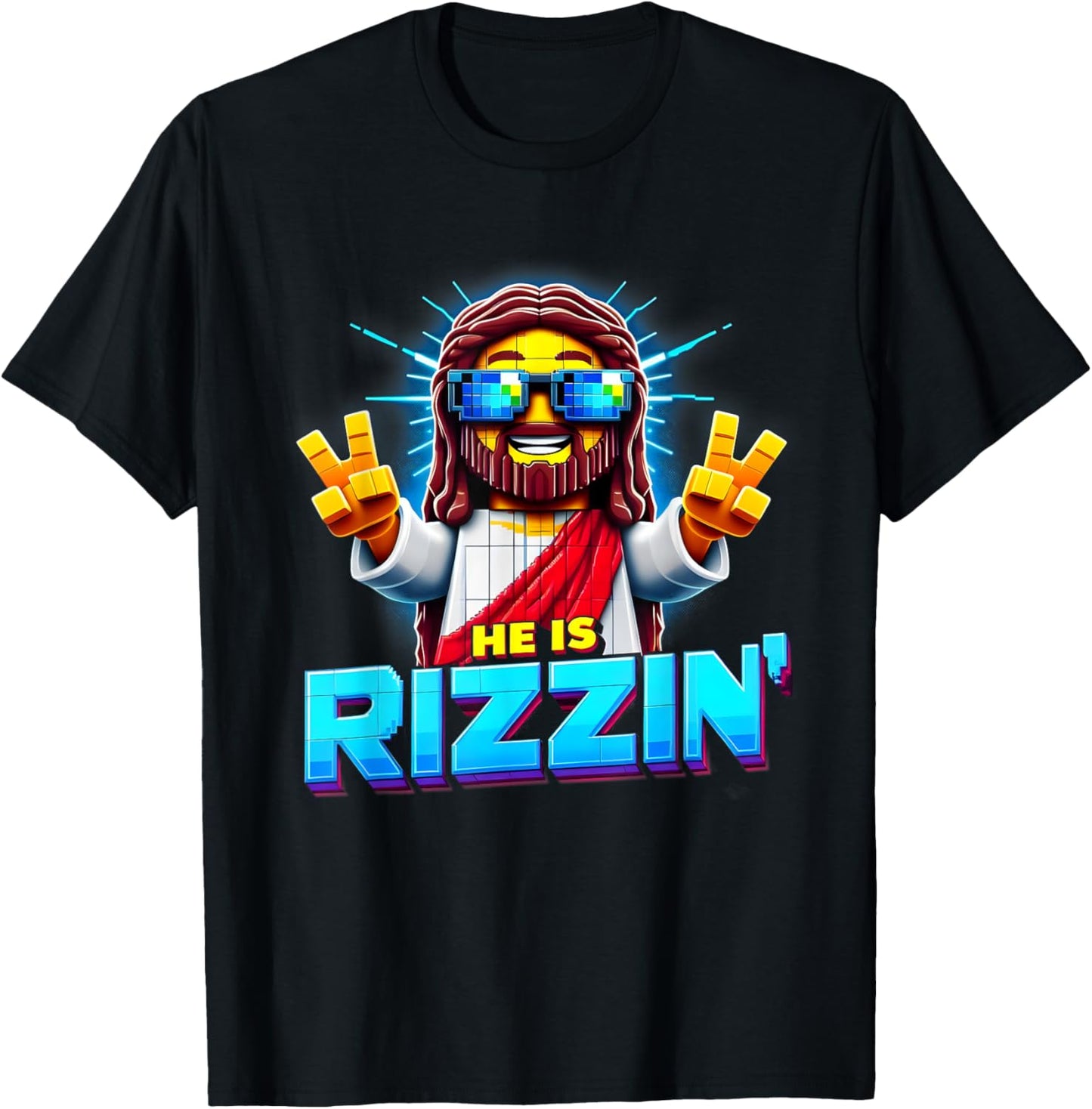 He Is Rizzen Jesus Has Rizzen Retro Christian Pixel Gaming T-Shirt