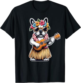 Hula Bulldog French Bulldog Ukulele Hawaiian T-Shirt for Men Women Kids